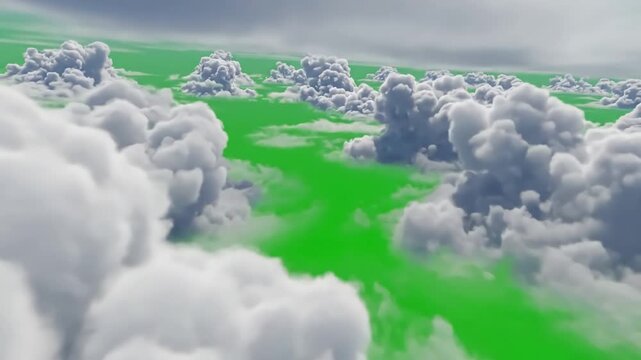 Green Screen Cloud Transition with fly into the effect of flying multi layered clouds distortion, overlay, glitch, static noise, scan lines on black background, 4k animated video loop