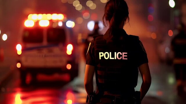 A silhouette of a police officer standing on a city street at night. The officer is wearing a black uniform with the word POLICE printed on it. The background is a blur of city lights.