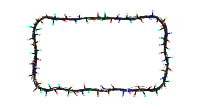 Festive border of glowing christmas lights illuminating a dark space isolated on transparent background