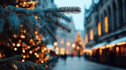 Christmas city street with lights and decorated tree