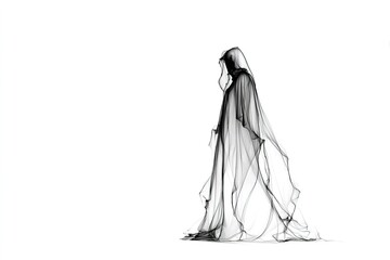 Elegant figure draped in flowing black fabric moving gracefully on a plain background