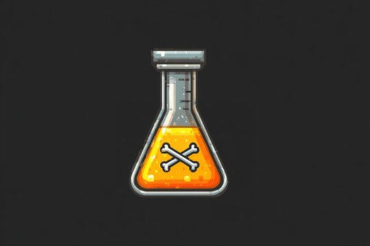 Brightly colored potion in a laboratory flask with bone symbols, resembling a magic elixir or science experiment in a dark setting