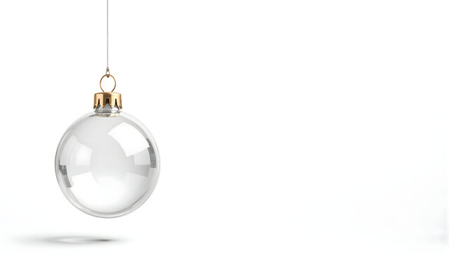 Elegant transparent Christmas bauble with golden cap hanging on white background, minimalist holiday decoration with copy space. - Powered by Adobe