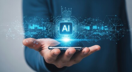 Mobile Artificial Intelligence Power: Hand Holding Phone Displaying Glowing AI Chip Icon and Circuit Network for Technology and Smart Solutions