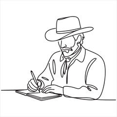 Stylish continuous line art depicts a classic cowboy character focused on writing in a notebook, embodying a pensive and introspective mood