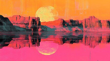 vibrant sunset over dramatic cliffs reflected in water with artistic filter
