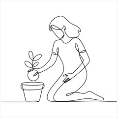 Line art illustration of a person planting a sprout in a pot, demonstrating gardening and caretaking