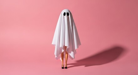 Photo of a doll dressed as a ghost with black eyes, standing against a pink background with a dramatic shadow