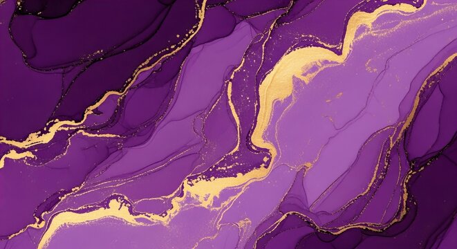 Abstract fluid art features shades of purple and gold marbling across the image.