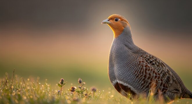 Beautiful grey partridge stands gracefully in a sunlit meadow during the early morning hours