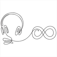 Single continuous line art illustration of headphones with the cord creating an infinity symbol for unlimited audio