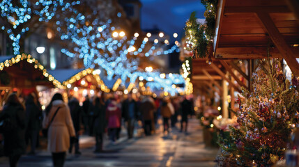 Obraz premium Blur background of people at festive Christmas market at European town with stalls, Christmas tree and lights 