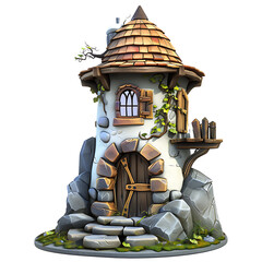 A whimsical, detailed illustration of a stone tower with a wooden door and a tiled roof.