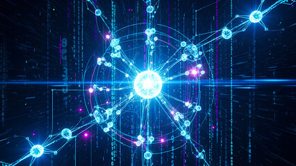 Obraz premium Futuristic 3D visualization of AI neural network and digital data.