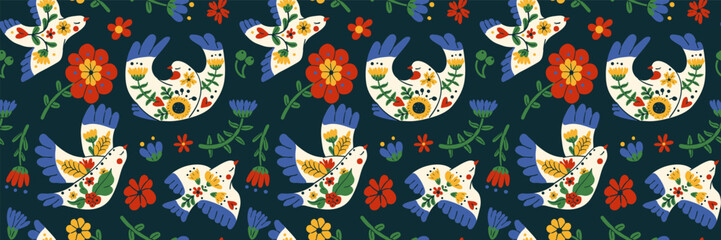 Retro spring seamless pattern with Scandinavian birds and folk flowers.