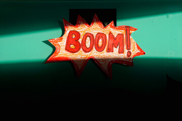 Digital scale with handwritten “BOOM” and shadow, weight management, fitness motivation, and health transformation concept