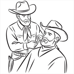 Vampire cowboy barber giving a close shave with a straight razor to a western man in a chair