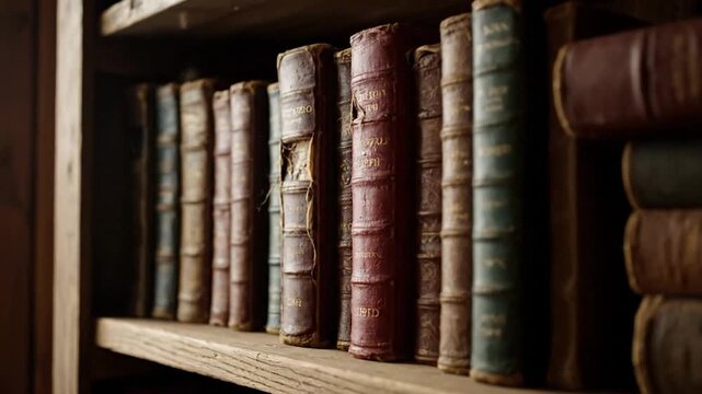 Close-up of an old, wooden bookshelf filled with aged books, leather-bound