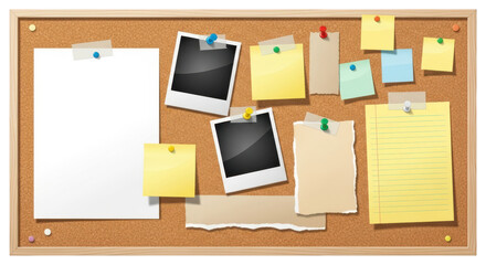 Cork board with paper notes and photos isolated on transparent background