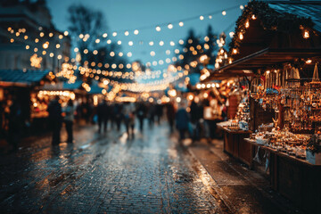 Obraz premium Blur background of people at festive Christmas market at European town with stalls, Christmas tree and lights 
