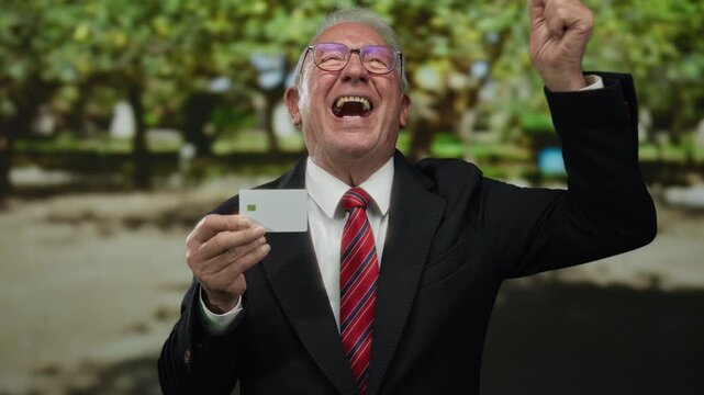 Senior man in business suit joyously holds card with arms raised in a sunny park, celebrating success outdoors.