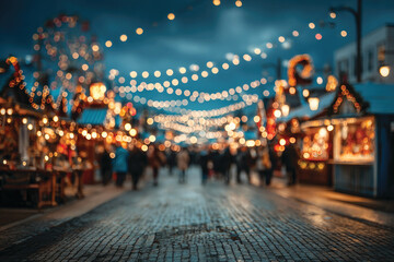 Blur background of people at festive Christmas market at European town with stalls, Christmas tree and lights 