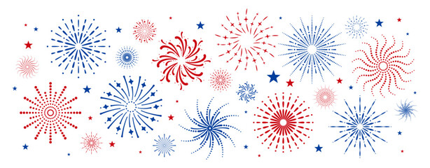Independence Day USA, Patriotic, 4th July. Red, blue, white United States flag colors. Labor or Memorial day. Backdrop with Sparkling Fireworks, Stars. Banner, border. Vector isolated