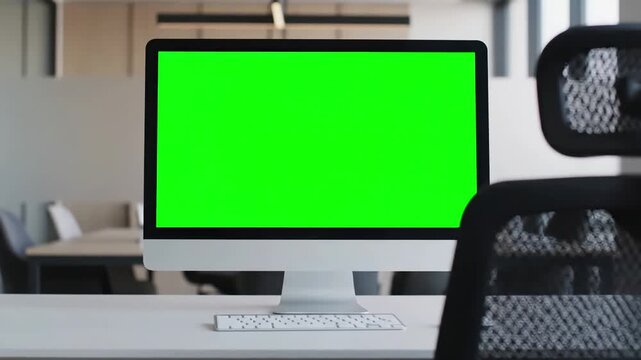 Chroma Key Technology with close up of monitor in office green screen employee working at computer sitting desk view from back distortion, overlay, glitch, static noise, scan lines on black