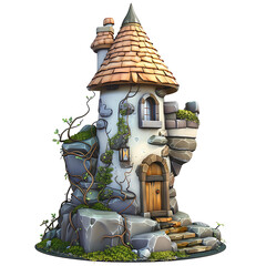 Whimsical illustration of a fairytale tower house nestled among rocks, with a conical roof.
