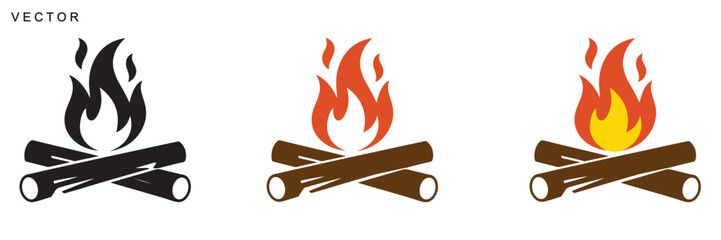 Campfire icon vector silhouette set, Firewood logotype, Fireplace symbol, Bonfire vector illustration on white background