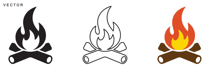 Campfire icon vector silhouette set, Firewood logotype, Fireplace symbol, Bonfire vector illustration on white background