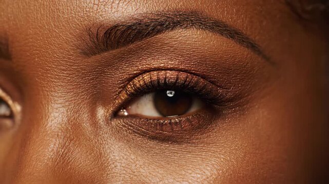 Bronze Eye Makeup - A close-up shows a woman's brown eye with a bronze eyeshadow application. Her eyebrow is neatly shaped and her skin shows natural texture.