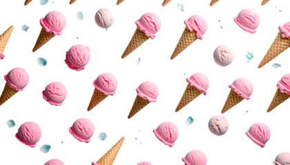 Scattered ice cream cones and scoops with sprinkles on a solid black background