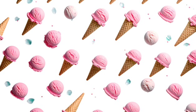 Scattered ice cream cones and scoops with sprinkles on a solid black background
