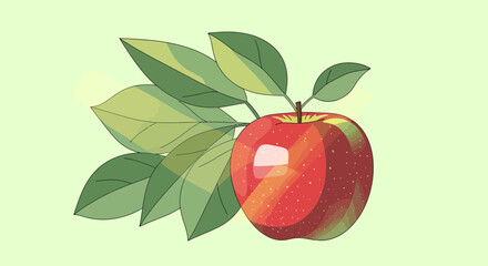 Vibrant Illustrated Apple with Verdant Leaves on a Pale Green Background Artwork
