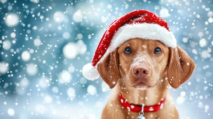 Festive Pup: A charming puppy, adorned with a Santa hat, is surrounded by a gentle snowfall. The pup gazes directly at the viewer, bringing warmth to the winter season.