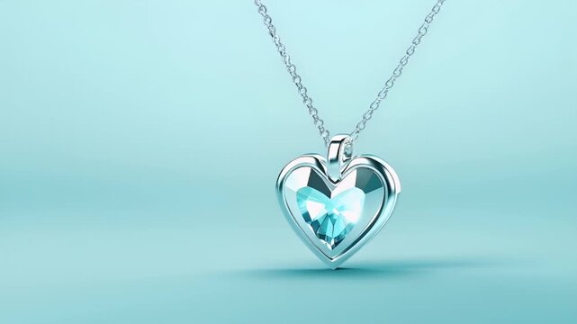 A silver necklace with a heartshaped pendant featuring a blue topaz stone. The pendant is attached to a silver chain. The background is a gradient of light blue, creating a serene atmosphere.