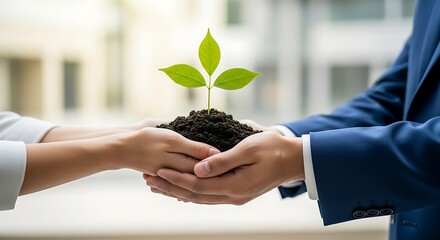 Two people holding a small plant with soil, symbolizing growth, investment, and environmental care