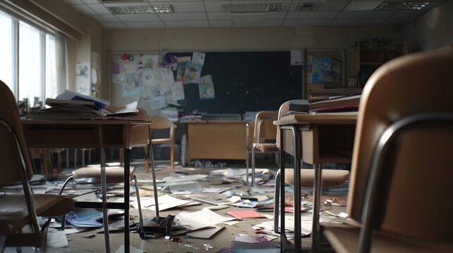 An abandoned classroom, cluttered with scattered papers and art supplies, evoking a sense of nostalgia and neglect.