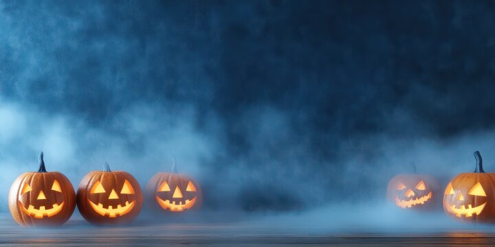 Jack-o'-lanterns illuminated by the eerie glow: The eerie glow of candlelit carved pumpkins against a smoky, blue-tinted background, set the scene for the thrilling Halloween celebration. - Powered by Adobe