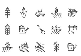 Fototapeta premium Collection of Black and White Farming and Agriculture Outline Icons.