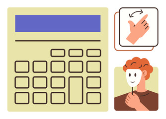 Calculator grid, hand gesture for decision-making, person holding a mask symbolizing deceit or duality. Ideal for themes thumbs up finance, choice, strategy, identity, expressions, ethics