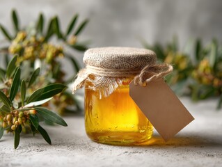 Golden honey in a glass jar with a blank tag