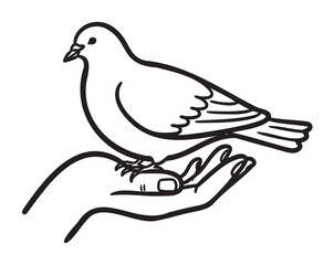 Obraz premium Elegant black outline drawing of a bird perched on a human hand. simple and minimal design portraying harmony with nature.
