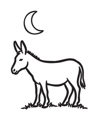 Obraz premium Black outline vector illustration of a donkey standing on grass under a crescent moon. simple linear drawing ideal for nature and nocturnal themes.