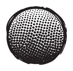 Black circular grunge design with a halftone pattern of varying dot sizes, creating a textured and artistic visual effect.