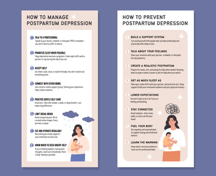 Mother coping with postpartum depression with practical tips for mental health support. Set of educational infographic posters on maternal wellbeing. Vertical banner. Flat Style Vector Illustration. - Powered by Adobe