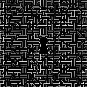 Keyhole silhouette amidst a complex black and white maze pattern with intricate line arrangements all around