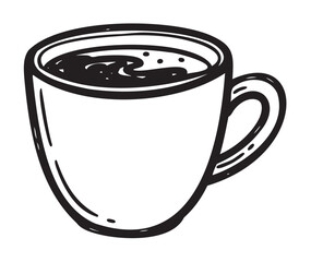 Black outline vector icon of a simple coffee cup with a handle, filled with liquid and small bubbles on the surface.