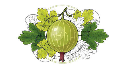 Vibrant Illustration of a Gooseberry Fruit Surrounded by Leaves and Tendrils